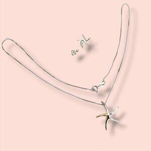 Starfish 925 Sterling Silver Necklace Stud Earrings Set Box Chain 18in Italy